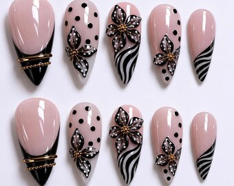 Luxury Black Flower Press On Nails, Polka Dot Nail Set, Chic Almond Nails, Trendy Fashion Nails, Gift For Her