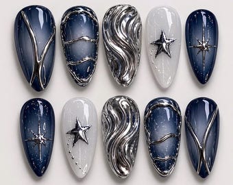 Celestial Chrome Press On Nails, Silver Metallic Star Nails, Navy Blue Galaxy Fake Nails, Trendy Aliencore Nail Set