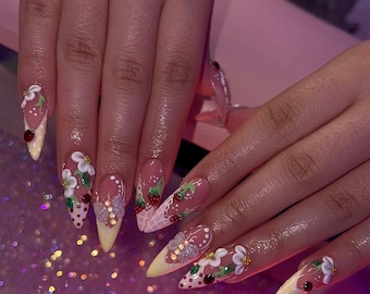 Strawberry Press On Nails, 3D Flower Nails, Coquette Nails, Pink Kawaii Nails, Cute Summer Nails, Handmade False Nails, Almond Nails