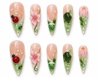 Cottagecore Press On Nails, Frog Nail Art Ladybug Nails, Pink Flower Nails, Cute Kawaii Gift For Her