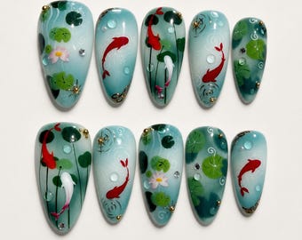 Koi Fish Press On Nails, Japanese Pond Nails, Lotus Nails, Handmade Aquarium Nail Art, Reusable Nail Set