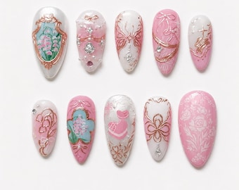 Princess Coquette Nails, Pink White Press On Nails, Rose Gold Chrome Floral Nail Art Set