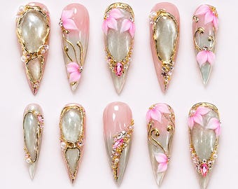 Luxury Princess Press On Nails, Pink Crystal Nails, Bridal Press On Nails, Gold Frame Nails, Handmade Glam Nail Set