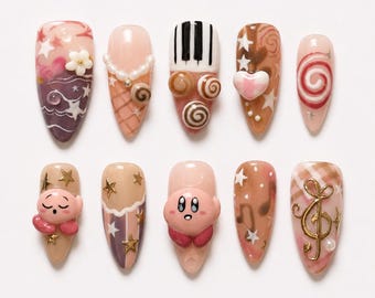 Kirby Press On Nails, Kawaii Gamer Nails, Cute Pink Nails, Nintendo Inspired Handmade Nail Art Set
