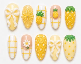 Pineapple Press On Nails, Summer Tropical Nails, Cute Yellow Fruit Nail Set, Handmade Beach Vacation Nails