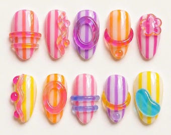Y2K Jelly Press On Nails, Colorful Candy Stripe Nails, Kawaii Summer Gel Nail Set, Handmade Cute Nails