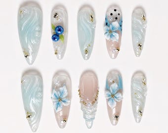 Soft Blue Press On Nails, Fairycore Nails, 3D Flower Nails, Pearl Accent Nails, Bridal Nails, Reusable Press Ons