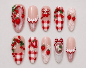 Strawberry Press On Nails, Coquette Nails Red Gingham Nails, Cottagecore Nails, Handmade Kawaii Strawberry Set