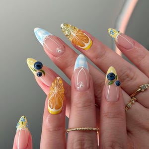 May include: A hand with long, almond-shaped nails featuring various designs. Some nails have a clear base with a blue and white gingham pattern, while others showcase orange fruit slices and blueberries. The nails are adorned with a French tip design.
