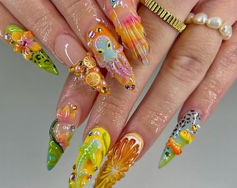 Tropical Beach Press On Nails, 3D Ocean Nails, Starfish Octopus Shell Nails, Handmade Reusable Summer Vacation Set