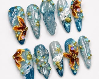 Blue Mermaid Press On Nails, Sea Shell Starfish Nails, Handmade Reusable Press Ons, Ocean Inspired Nail Art Set