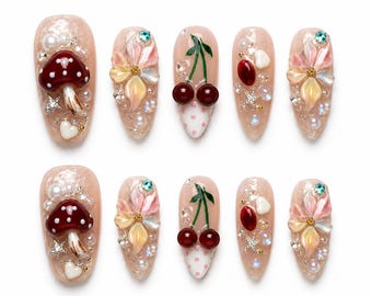 Cute Cherry Mushroom Press On Nails, Kawaii Fairycore Nails, 3D Flower Nails, Handmade Glitter Nail Set