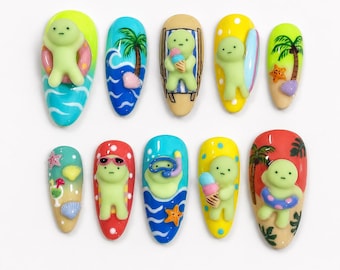 Cute Summer Press On Nails, Kawaii Beach Nails, Cartoon Character Nails, Handmade Reusable False Nails, Vacation Smiski Set