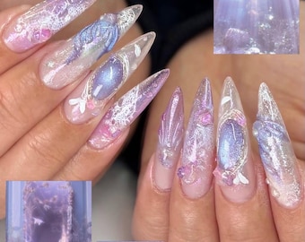 Pastel Mermaid Press On Nails, Ocean Fantasy Nails, Iridescent Shell Nails, Handmade Lavender Acrylic Nails, Fairycore Gift