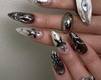 Dark Chrome Stiletto Nails, Black Silver Star Gothic Metallic Press Ons