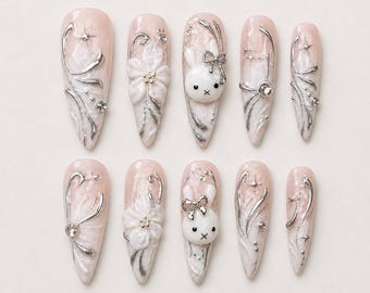 Miffy Inspired Press On Nails, Soft Pink Nails, Kawaii Bunny Nails, Cute Japanese Aesthetic Nails, Reusable Press Ons