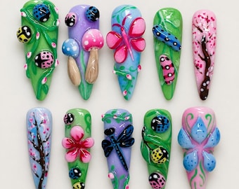 Fairy Garden Press On Nails, 3D Butterfly Nails, Ladybug Nails, Cottagecore Nails, Handmade Fantasy Nail Set