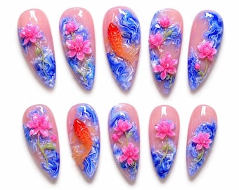Koi Fish Press On Nails, Japanese Sakura Nails, Handmade Floral Nails, Blue Water Marble Fake Nails