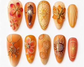 Tropical Sunset Press On Nails, Orange Floral Sun Nails, Summer Vacation Handmade Nail Set