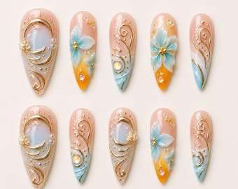 Romantic Floral Press On Nails, Gold Chrome Flower Nails, Wedding Guest Nails, Luxury Handmade Nail AẢt, Summer Nails