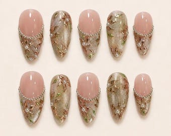 Elegant Floral Press On Nails, Gentle Gold Nail Art, Daily/Wedding Nails, Giìt For Her