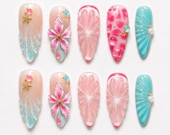 Mermaid Press On Nails, Beach Nails, Sea Shell Nails, Tropical Flower Nails, Handmade Reusable Nails