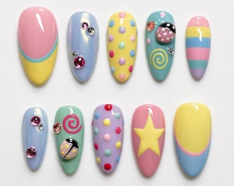 Pastel Candy Press On Nails, Y2K Polka Dot Star Art, Handmade Kawaii Nail Set