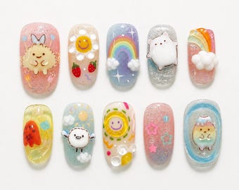 Pastel Kawaii Press On , Smiley Face Nails, Cute Cartoon Nails, Handmade Fantasy Nails