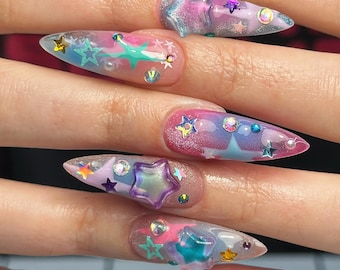 Galaxy Star Press On Nails, Handmade 3D Kawaii Nails, Purple Blue Y2K Fantasy Celestial Stiletto False Nails, Gift for Her