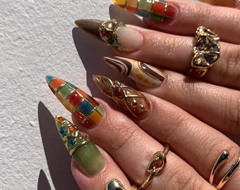 Boho Stiletto Press On Nails, Gold Chrome Rhinestone Abstract Earth Tones