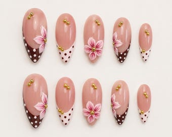 Cherry Blossom Press On Nails, Pink Floral Nails, Brown French Tip Nails, Handmade Spring Nails, Cute Kawaii Nails, Gift For Her