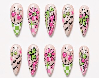 Groovy Press On Nails, Smiley Flower Nails, Cherry Nail Art, Y2K Aesthetic Nails, Trendy Handmade Fake Nails
