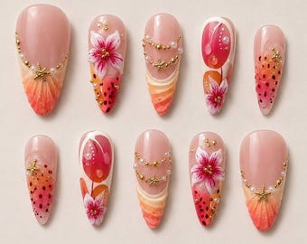 Coastal Glam Press On Nails, Beachy Flower Nails, Mermaid Inspired Nails, Summer Holiday Manicure Handmade Nails