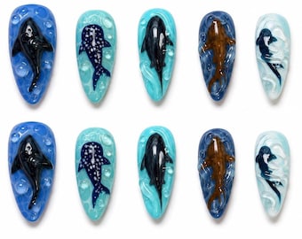 Ocean Creature Press On Nails, Shark Whale Dolphin Nails, Handmade Marine Life Nail Set, Reusable Nails