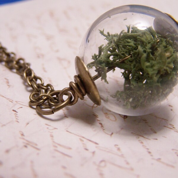Tiny Terrarium Necklace. Handblown Glass Globe with Preserved Reindeer Moss