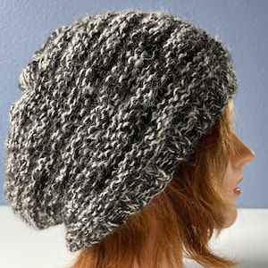100% Alpaca Wool, Natural Soft Warm Hand Knit, Alpaca Extra Slouchy Beanie, Black & White