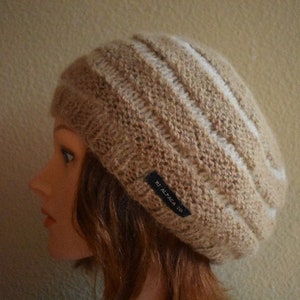 100% Alpaca Wool, Natural RIAF Soft Warm Hand Knit Alpaca Slouchy Beanie Hat, Tan and White