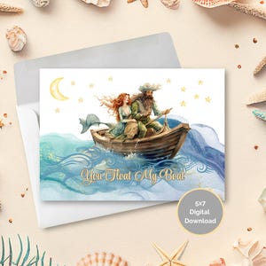 Nautical Anniversary Card, Love Card, Valentine's Day, Spouse Birthday; Mermaid and Pirate, Envelope Included (Digital Download)
