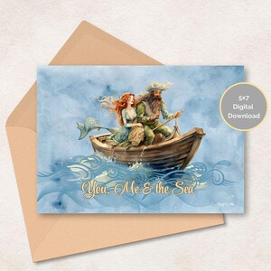 Printable Nautical Anniversary Card, Valentine's Day, Love Card, Card for Husband/Wife, Watercolor Mermaid and Pirate, 5x7" Digital Download