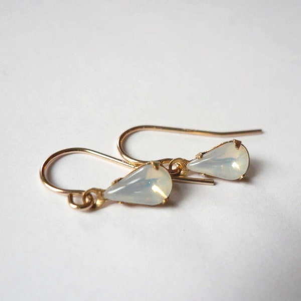 Dainty vintage teardrop opal moonstone earrings, delicate petite rainbow iridescent glass drops, high quality 14K gold fill, gift for mom
