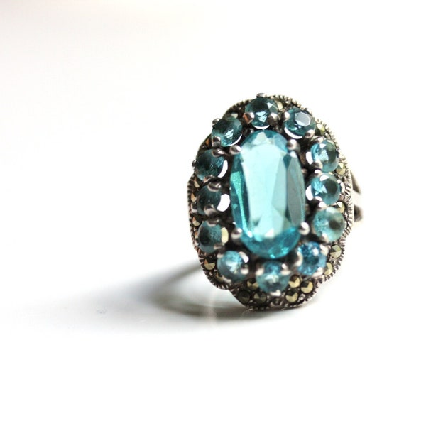 Vintage Art Deco revival aquamarine cocktail ring, 1920s style blue crystal marcasite 925 sterling silver ring, size 8 Pisces Aquarius gift