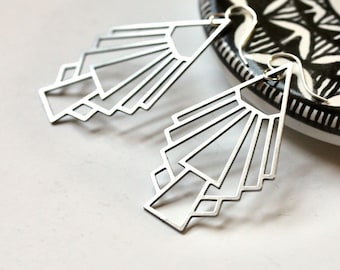 Big Modernist Art Deco Silver Earrings, 1920s architecture lightweight  laser cut geometric dangles 925 sterling, stained glass lover gift