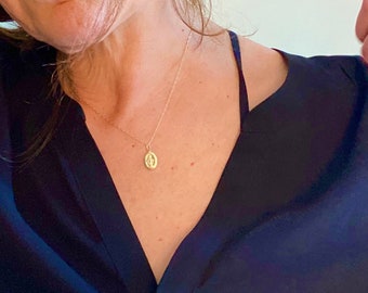 14KGF Mary medal necklace Pretty delicate gold Miraculous Mary necklace Catholic confirmation first communion gift Vintage style Virgin Mary
