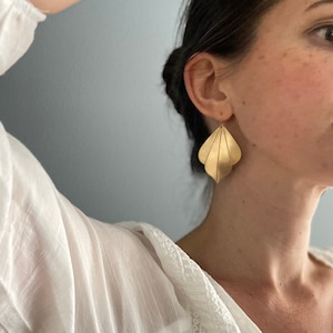 Big gold leaf earrings, large art deco statement dangles, large nouveau gold earrings, lightweight scrubbed brass, 14K gold fill ear wires