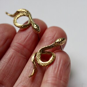 May include: A pair of gold snake earrings. The snakes are curled up and have a textured surface.