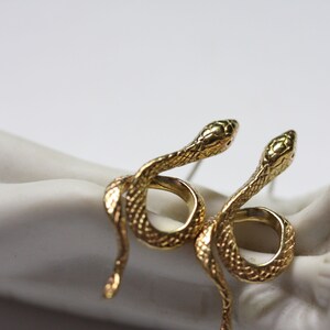 May include: A pair of gold snake earrings. The snakes are curled into a circle with their heads facing outwards. The earrings are made of metal and have a shiny finish.