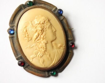 Butter yellow antique cameo brooch, colorful Gripoix glass cabs, vintage Victorian era female portrait pin, girlfriend valentines day gift