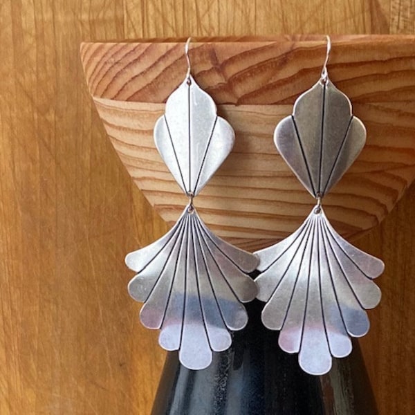 Large silver statement earrings, lightweight art deco antiqued silver chandeliers, big geometric dangles, fan silver earrings, gift for mom