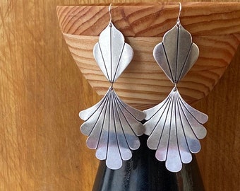 Large silver statement earrings, lightweight art deco antiqued silver chandeliers, big geometric dangles, fan silver earrings, gift for mom