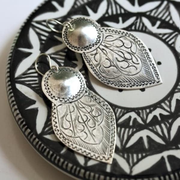 Moroccan silver earrings, Lightweight southwestern silver dangles, Mexican style stamped tin, Sterling ear wires, hand stamped Thai pendants